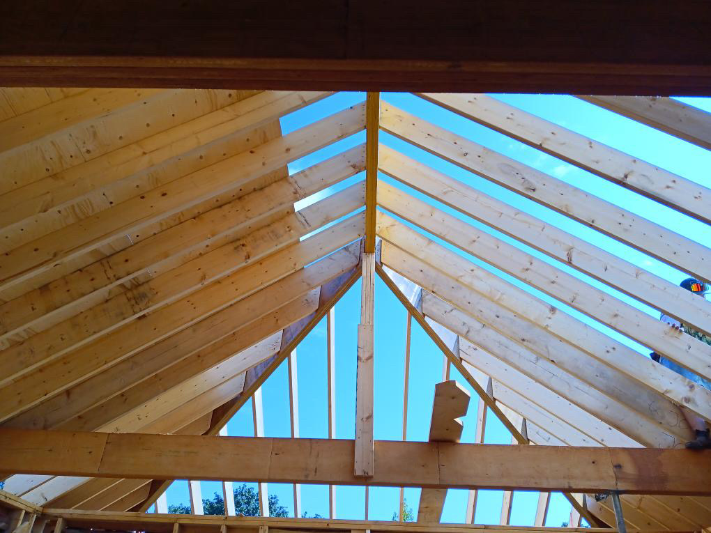 Interior view of pitched timber roof rafters