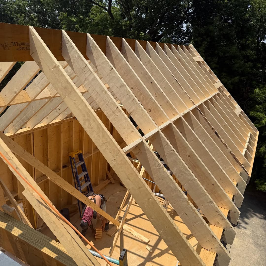 Exposed roof rafters during the East End house remodel